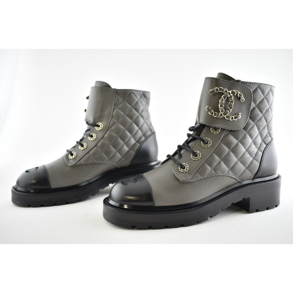 Chanel 21A Grey Black Quilted CC Chain Combat Lace Up Tie Ankle Short Boots 37 - Picture 9 of 11